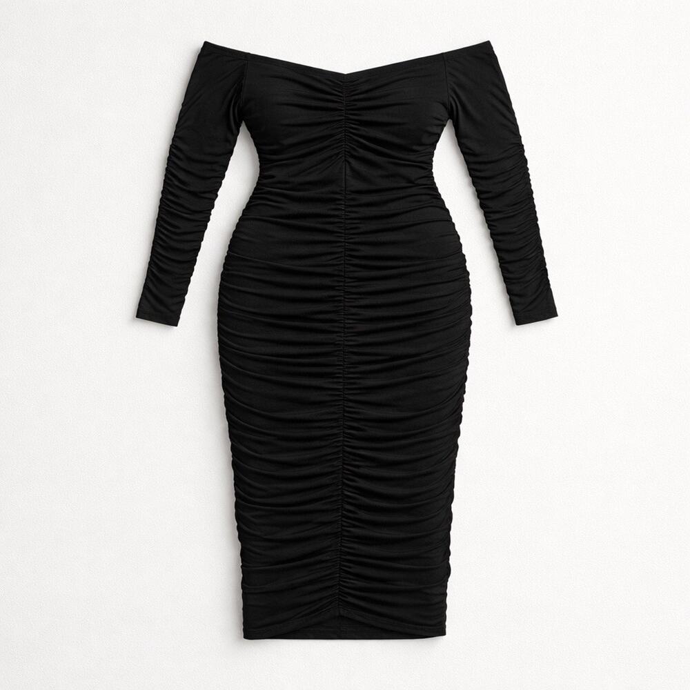 ELOQUII Black Off The Shoulder Fitted Maxi Dress Long Sleeve Ruched Size 18 - Picture 3 of 11